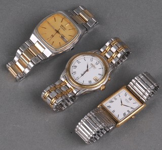 A gentleman's steel and gilt cased Seiko quartz day date wristwatch, a Kinetic ditto and a rectangular ditto 