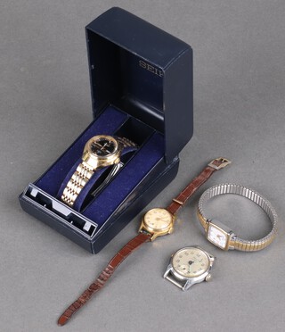 A lady's gilt cased Seiko automatic day date wristwatch with Arabic dial and 3 other ladies wristwatches 