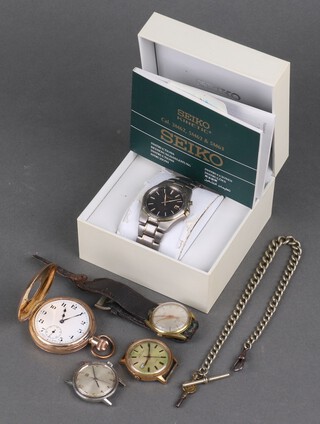 A gentleman's steel cased Seiko Kinetic titanium wristwatch with calendar dial, 3 other wristwatches and a gilt half hunter watch and an Albert 