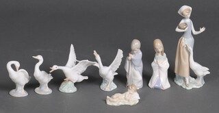 A Lladro figure of a girl with goose 22cm, 3 other figures and 4 geese