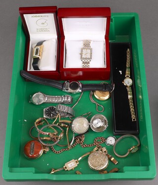 A gentleman's Klaus-Kobec 2 colour wristwatch together with other wristwatches and pocket watches and a small quantity of coins
