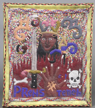 A Haitian voodoo style embroidered bead work panel decorated a figure 77cm x 61cm 