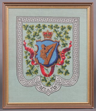 A 19th Century Berlin and beadwork panel with Irish coat of arms 56cm x 48cm 
