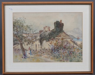 David Hewitt, watercolour country cottage with seated figure 28cm x 38cm 
