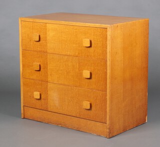 Gibbs Furniture, a mid-century oak finished chest of 3 drawers with square handles 71cm h x 76cm w x 45cm d, label to reverse Gibbs Furniture 7356-158 (small section of veneer missing to the back edge)