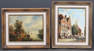 20th Century oils on board, figures beside a river with distant town 19cm x 23cm and a Continental townscape with figures 24cm x 19cm 