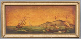 An enhanced coloured print, Continental ship coming in to port 25cm x 63cm