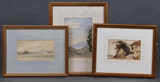 Jane Hester Ricketts (1826-1908) watercolour, bay with ships 12cm x 21cm, 1 other country cottage 12cm x 19cm and 1 other Lake District scene 25cm x 17cm 