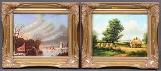 A pair of 20th Century oils on board, Dutch skating scene and  English harvesting scene, indistinctly signed 19cm x 24cm 