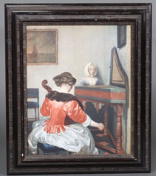 A reproduction 17th Century coloured print "The Harpsichord" contained in an ebonised cushion shaped frame 55cm x 43cm 