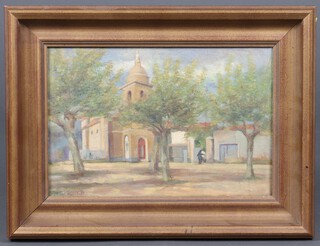 Oil on canvas indistinctly signed and dated '74, a Continental town square scene with figure, 25cm x 37cm
