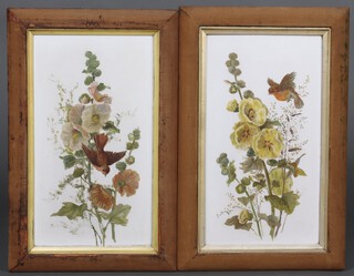 A pair of Victorian oil paintings on porcelain panels, birds and flowers 51cm x 28cm 