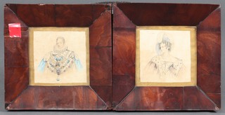 A pair of 19th Century  coloured prints "George IV" and "Caroline of Brunswick" 12cm x 12cm, contained in mahogany frames 