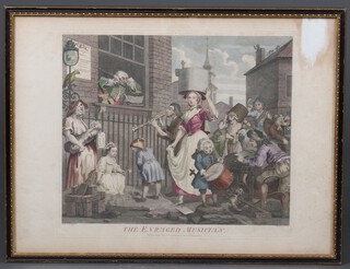 William Hogarth, coloured engraving "The Enraged Musician" (extensive fading to the mount) 40cm x 55cm 