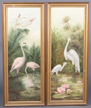 A pair of Victorian oil paintings on canvas, studies of flamingos 90cm x 31cm