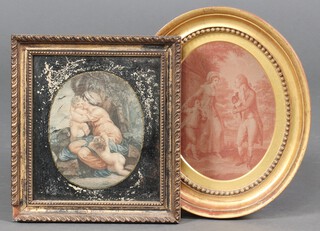 A 19th Century oval Bartolozzi style print of a standing couple 20cm x 15cm, contained in a gilt frame together with a similar print in a black and gilt frame