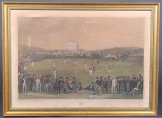 William Drummond and Chas J Baseby, a coloured engraving "The Cricket Match Between Sussex and Kent at Brighton" with highlights 70cm x 100cm (the image is extensively faded and torn) 