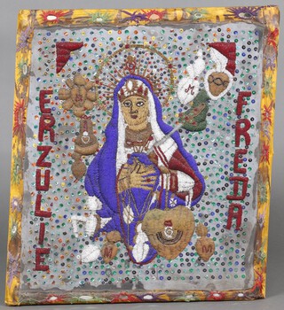 A 20th Century Haitian bead work and sequin embroidery of a female deity (unframed) 62cm x 54cm 