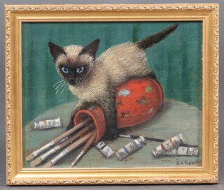 C A Rohn, oil on board signed, study of a Siamese kitten with a spilt paint pot 27cm x 32cm 