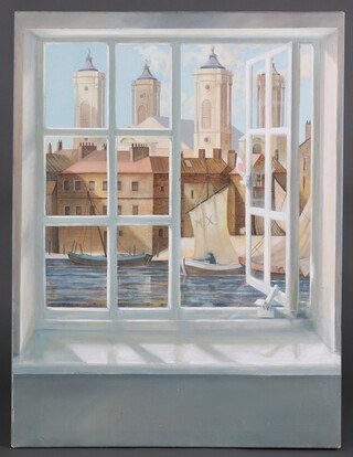 Trompe L'oeil, oil on canvas unsigned, "St Johns Smith Square", a view from The Thames 100cm x 77cm 