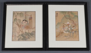 20th Century Chinese watercolours, studies of figures in pavilion garden 22cm x 17cm