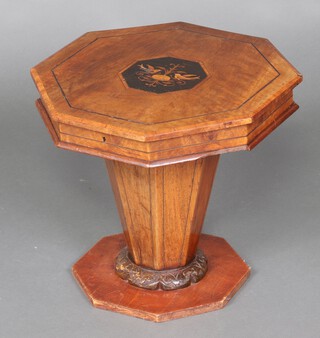 A Victorian octagonal inlaid walnut work table of conical form with hinged lid 40cm h x 43cm w x 44cm d (reduced in height) 