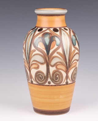 A Langley Pottery brown glazed vase with floral decoration, the base with windmill mark 27cm 
