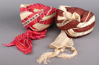 Two modern Indian turbans with bullion work and embroidered decoration 