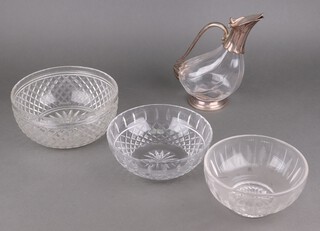 A silver plated mounted ewer in the form of a duck 25cm and 3 glass bowls