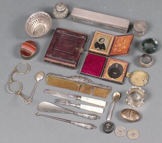 A pair of gilt pins nez, 2 silver napkin rings an agate box and curios 