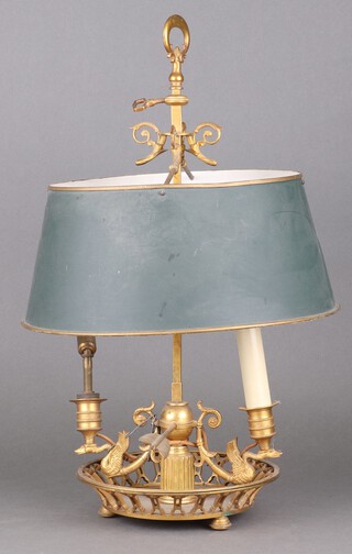 A gilt metal twin light table lamp with green pressed metal shade on a pierced circular base 52cm h (shade a/f, 1 light a/f)