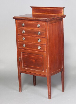 An Edwardian inlaid mahogany music chest with raised back fitted 4 drawers above panelled doors, raised on square tapered supports 111cm h x 55cm w x 38cm d 