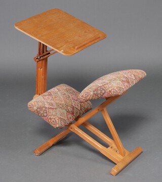 An adjustable oak and plywood artists stool 84cm h x 62cm w x 42cm d 