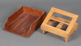 A rectangular oak adjustable book stand 11cm h x 30cm w together with an oak rectangular "in tray" 9cm x 40cm x 31cm 