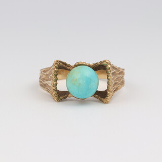 A 9ct yellow gold turquoise bead set ring, size N 1/2, 3.6 grams