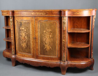 A Victorian inlaid and crossbanded figured walnut credenza with gilt metal mounts throughout, the centre enclosed by a pair of inlaid floral panelled doors, flanked by shelved niches 110cm h x 198cm w x 51cm w 