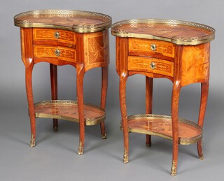 A pair of 19th/20th Century  Kingwood cabinets of kidney shape with pierced brass gallery and baskets of fruit inlay, each with 2 drawers above an undertier inlaid a ewer, 76cm h x 58cm w x 35cm d 