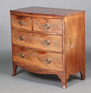 A 19th Century bleached mahogany bow front chest of 2 short and 2 long drawers with replacement handles, raised on splayed bracket feet 90cm h x 90cm w x 50cm d 