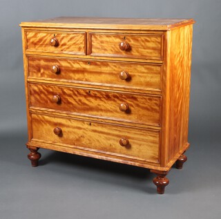 A Victorian satin birch chest of 2 short and 3 long drawers, raised on bun feet 110cm h x 110cm w c 56cm d 