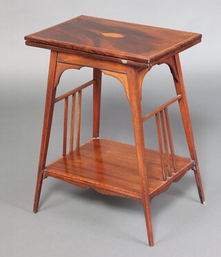 A rectangular inlaid mahogany folding card table with stick and rail supports to the side and under, raised on outswept supports 72cm h x 56cm w x 35cm d 