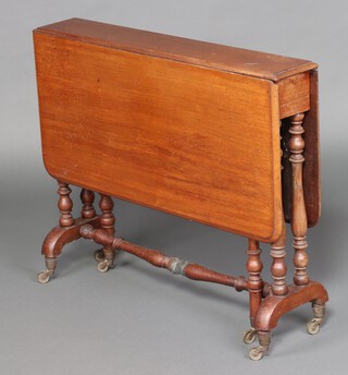 A Victorian bleach mahogany Sutherland table, raised on turned supports 73cm h x 90cm w x 16cm d 