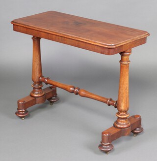 A Victorian rectangular mahogany stretcher table, raised on turned supports with H framed stretcher and bun feet 75cm h x 92cm w x 45cm d 