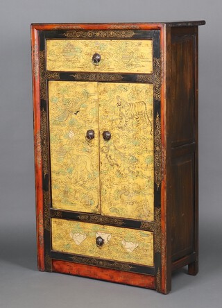 A Chinese carved and painted hardwood cabinet, the upper section fitted a drawer above cupboard enclosed by panelled doors, the base fitted a drawer 145cm h x 89cm w x 46cm d 