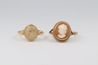 A 9ct yellow gold cameo ring size L and a ditto opal ring size L 1/2, 6 grams