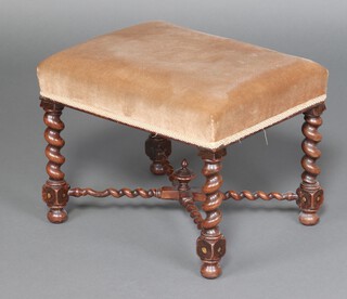 A Victorian rectangular mahogany stool, the seat upholstered in mushroom coloured material, raised on spiral turned supports with X framed stretcher surmounted by a lidded urn 38cm h x 49cm w x 39cm d 