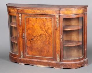 A Victorian inlaid walnut credenza with gilt metal mounts and replacement perspex bow front panelled doors to the side 102cm h x 150cm w x 38cm d  