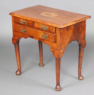 An 18th Century oak lined and mahogany side table, the quarter veneered top inlaid a vase with bird and palms and with chequer band inlay, fitted 2 short and 1 long drawers, raised on club supports 68cm h x 73cm w x 46cm d 