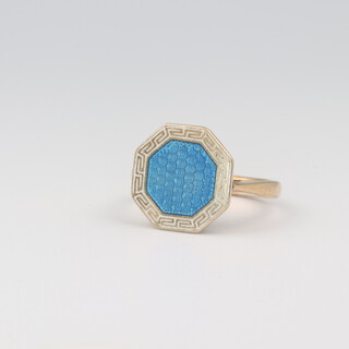 A 9ct yellow gold octagonal enamelled ring, size L, 4.1 grams
