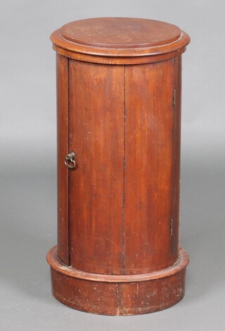 A Victorian cylindrical pot cupboard with hinged lid, the base enclosed by a panelled door, raised on a platform base 77cm h x 38cm w 