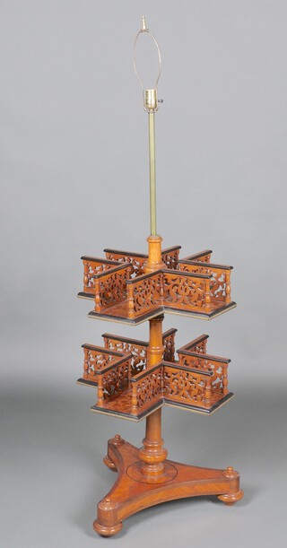 A Victorian inlaid mahogany 2 tier revolving sewing stand of cruciform shape and pierced gallery, raised on a turned column and triform base on bun feet 89cm h x 51cm w x 50cm d 